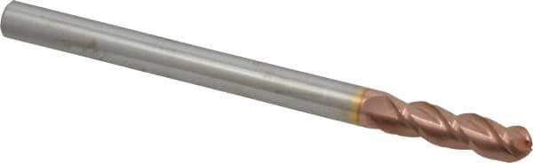 Accupro - 7/16" Diam, 1-1/2" LOC, 3 Flute Solid Carbide Ball End Mill - TiCN Finish, Single End, 6" OAL, 7/16" Shank Diam, Spiral Flute - Apex Tool & Supply