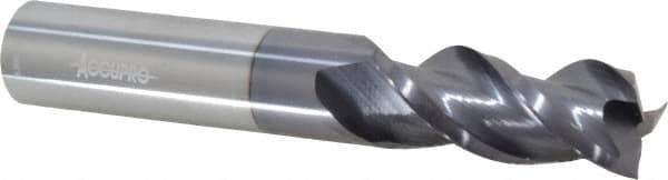 Accupro - 9/16", 1-1/4" LOC, 9/16" Shank Diam, 3-1/2" OAL, 3 Flute, Solid Carbide Square End Mill - Single End, AlTiN Finish, Spiral Flute, 40° Helix, Centercutting, Right Hand Cut, Right Hand Flute - Apex Tool & Supply
