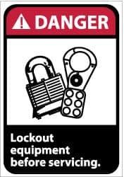 NMC - Accident Prevention Label, Header: DANGER - Legend: Danger - Lock Out Equipment Before Servicing, English, Red, Black & White, 5" Long x 3" High, Sign Muscle Finish - Apex Tool & Supply