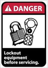 NMC - Accident Prevention Label, Header: DANGER - Legend: Danger - Lock Out Equipment Before Servicing, English, Red, Black & White, 5" Long x 3" High, Sign Muscle Finish - Apex Tool & Supply