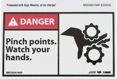 NMC - Accident Prevention Label, Header: DANGER - Legend: Danger - Pinch Points - Watch Your Hands, English, Red, Black & White, 5" Long x 3" High, Sign Muscle Finish - Apex Tool & Supply