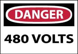 NMC - Accident Prevention Label, Header: DANGER - Legend: Danger - 480 Volts, English, Red, Black & White, 5" Long x 3" High, Sign Muscle Finish - Apex Tool & Supply