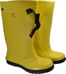 Dunlop Protective Footwear - Men's 11 Rain & Cold Resistant Overboots - 17" High, Plain Toe, Self Cleaning & Cleated Sole, PVC Upper, Yellow, Adjustable Polyester Strap, Buckles & Snaps - Apex Tool & Supply
