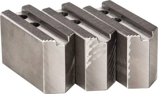 H & R Manufacturing - 1.5mm x 60° Serrated Attachment, Square Soft Lathe Chuck Jaw - 3 Jaws, Steel, 0.787" Btw Mount Hole Ctrs, 3-1/8" Long x 1-1/4" Wide x 2" High, 0.472" Groove, 10mm Fastener - Apex Tool & Supply