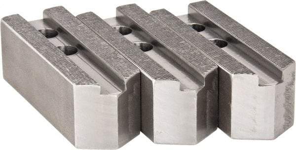 H & R Manufacturing - 1.5mm x 60° Serrated Attachment, Square Soft Lathe Chuck Jaw - 3 Jaws, Steel, 1" Btw Mount Hole Ctrs, 4-1/4" Long x 1-1/2" Wide x 1-1/2" High, 0.551" Groove, 12mm Fastener - Apex Tool & Supply