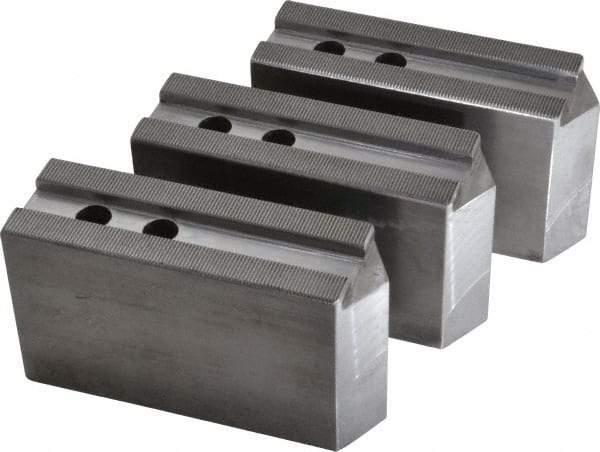H & R Manufacturing - 1.5mm x 60° Serrated Attachment, Square Soft Lathe Chuck Jaw - 3 Jaws, Steel, 1.181" Btw Mount Hole Ctrs, 6-1/4" Long x 2" Wide x 3-1/2" High, 0.71" Groove, 14mm Fastener - Apex Tool & Supply