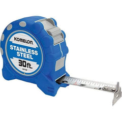 Komelon - 30' x 1" Silver Blade Tape Measure - 1/16" Graduation, Inch Graduation Style, Blue/Gray Case - Apex Tool & Supply