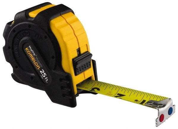 Komelon - 16' x 1" Yellow Blade Tape Measure - 1/16" Graduation, Inch Graduation Style, Yellow/Black Case - Apex Tool & Supply