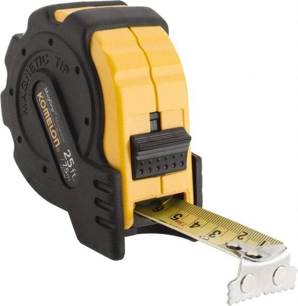 Komelon - 25' x 1" Yellow Blade Tape Measure - 1/16" & 1mm Graduation, Inch/Metric Graduation Style, Yellow/Black Case - Apex Tool & Supply