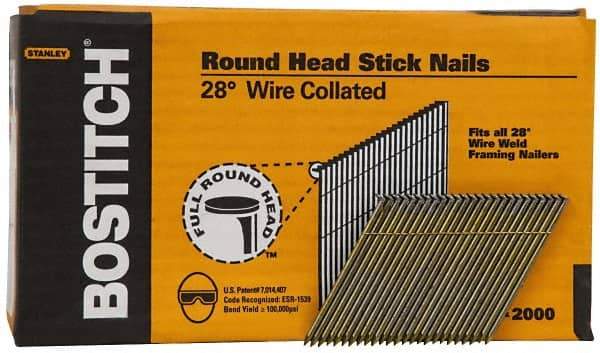 Stanley Bostitch - 0.12" Shank Diam 3" Long Framing Nails for Power Nailers - Steel, Smooth Shank, Angled Stick Wire Collation, Round Head, Diamond Point - Apex Tool & Supply