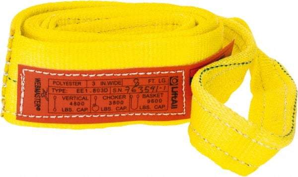 Lift-All - 8' Long x 3" Wide, 4,800 Lb Vertical Capacity, 1 Ply, Polyester Web Sling - 3,800 Lb Choker Capacity, Yellow - Apex Tool & Supply