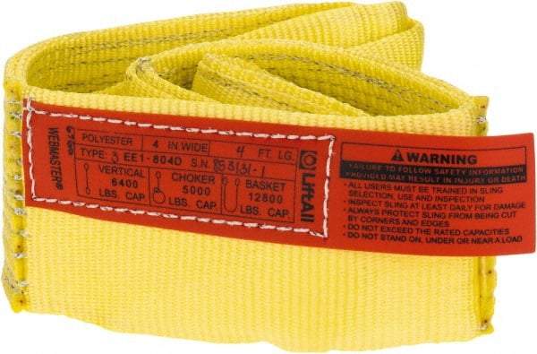 Lift-All - 4' Long x 4" Wide, 6,400 Lb Vertical Capacity, 1 Ply, Polyester Web Sling - 5,000 Lb Choker Capacity, Yellow - Apex Tool & Supply