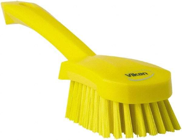 Vikan - 1.3" Bristle Length, Polyester Scrub Brush - 4-1/4" Long x 2-3/4" Wide Head, 10" OAL, Yellow, Polypropylene Block - Apex Tool & Supply