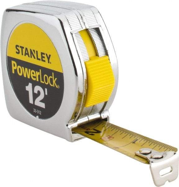 Stanley - 12' x 3/4" Yellow Blade Tape Measure - 1/32 & 1/16" Graduation, Inch Graduation Style, Silver Case - Apex Tool & Supply