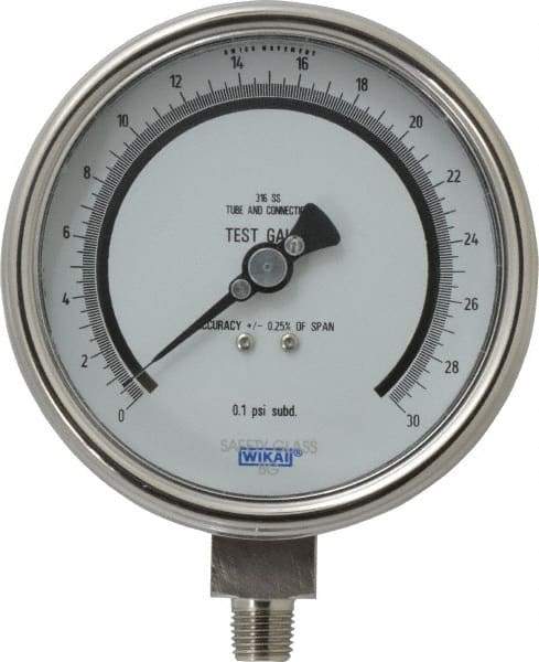 Wika - 4" Dial, 1/4 Thread, 0-30 Scale Range, Pressure Gauge - Lower Connection Mount, Accurate to 0.25% of Scale - Apex Tool & Supply