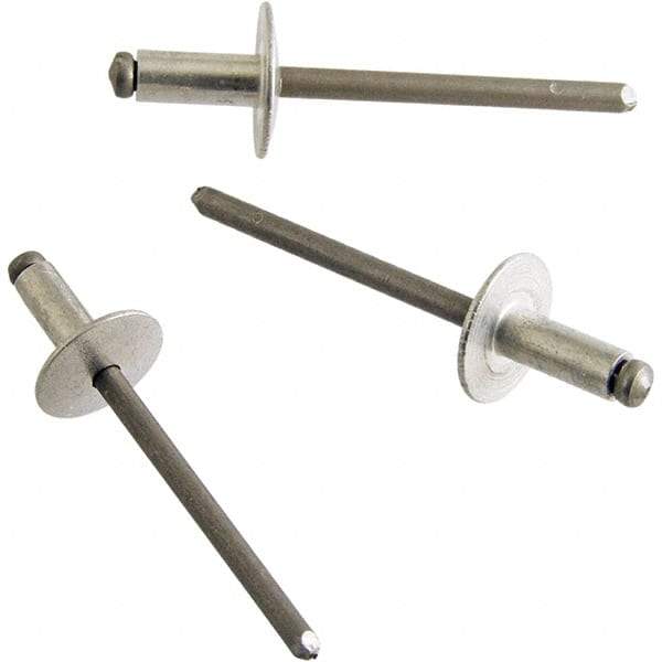 STANLEY Engineered Fastening - Size 6 Large Flange Head Aluminum Open End Blind Rivet - Steel Mandrel, 0.126" to 1/4" Grip, 3/16" Head Diam, 0.192" to 0.196" Hole Diam, 0.116" Body Diam - Apex Tool & Supply