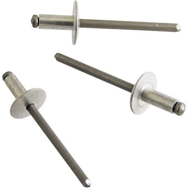 STANLEY Engineered Fastening - Size 6 Dome Head Aluminum Open End Blind Rivet - Aluminum Mandrel, 0.126" to 1/4" Grip, 3/16" Head Diam, 0.192" to 0.196" Hole Diam, 0.116" Body Diam - Apex Tool & Supply