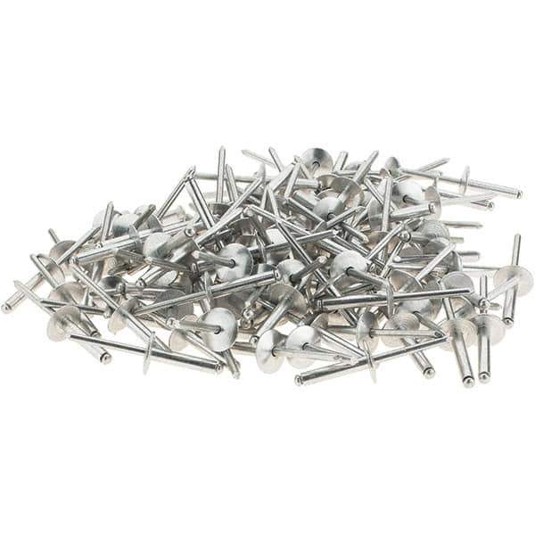 RivetKing - Size 612 Large Flange Dome Head Aluminum Open End Blind Rivet - Aluminum Mandrel, 0.626" to 3/4" Grip, 5/8" Head Diam, 0.192" to 0.196" Hole Diam, 0.95" Length Under Head, 3/16" Body Diam - Apex Tool & Supply