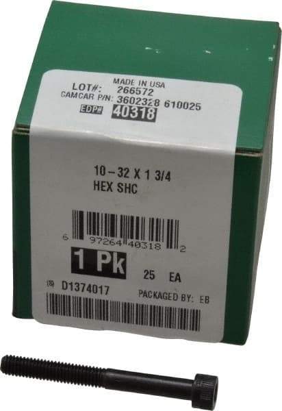 Made in USA - #10-32 UNF Hex Socket Drive, Socket Cap Screw - Alloy Steel, Black Oxide Finish, Partially Threaded, 1-3/4" Length Under Head - Apex Tool & Supply
