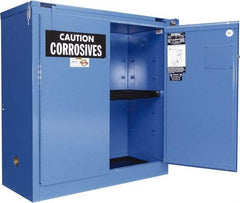 Securall Cabinets - 2 Door, 2 Shelf, Blue Steel Standard Safety Cabinet for Corrosive Chemicals - 67" High x 43" Wide x 18" Deep, Self Closing Door, 3 Point Key Lock, 45 Gal Capacity - Apex Tool & Supply
