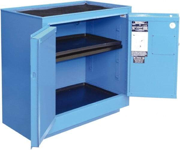 Securall Cabinets - 2 Door, 1 Shelf, Blue Steel Standard Safety Cabinet for Corrosive Chemicals - 36" High x 35" Wide x 22" Deep, Manual Closing Door, 3 Point Key Lock, 24 Gal Capacity - Apex Tool & Supply