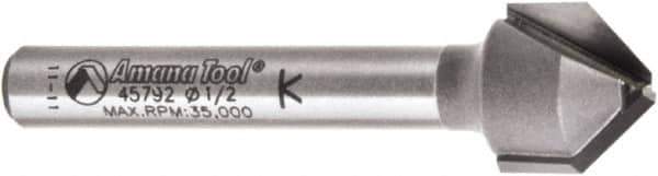 Amana Tool - 1/2" Cut Diam, 3/8" Length of Cut, 2 Flute V-Groove Edge Profile Router Bit - Carbide-Tipped, 1/4" Shank Diam, 2" OAL, Uncoated - Apex Tool & Supply