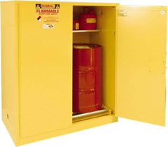 Securall Cabinets - 56" Wide x 31" Deep x 65" High, 18 Gauge Steel Vertical Drum Cabinet with 3 Point Key Lock - Yellow, Manual Closing Door, 1 Shelf, 2 Drums, Drum Rollers Included - Apex Tool & Supply