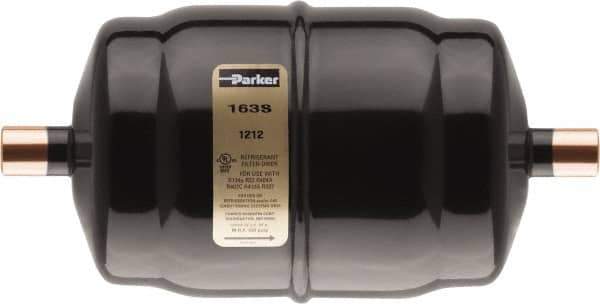 Parker - 1/4" Connection, 2-1/2" Diam, 5.27" Long, Refrigeration Liquid Line Filter Dryer - 4-1/8" Cutout Length, 101 Drops Water Capacity - Apex Tool & Supply
