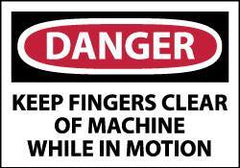 NMC - Accident Prevention Label, Header: DANGER - Legend: Danger - Keep Fingers Clear of Machine While in Motion, English, Red, Black & White, 5" Long x 3" High, Sign Muscle Finish - Apex Tool & Supply