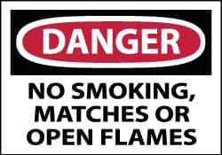 NMC - Accident Prevention Label, Header: DANGER - Legend: Danger - No Smoking, Matches or Open Flames, English, Red, Black & White, 5" Long x 3" High, Sign Muscle Finish - Apex Tool & Supply