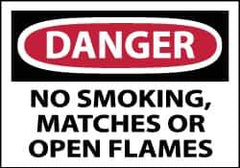 NMC - Accident Prevention Label, Header: DANGER - Legend: Danger - No Smoking, Matches or Open Flames, English, Red, Black & White, 5" Long x 3" High, Sign Muscle Finish - Apex Tool & Supply
