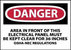NMC - Accident Prevention Label, Header: DANGER - Legend: Danger - Area in Front of This Electrical Panel Must Be Kept Clear for 36 Inches OSHA-NEC Regulations, English, Red, Black & White, 5" Long x 3" High, Sign Muscle Finish - Apex Tool & Supply