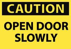 NMC - Caution - Open Door Slowly, Pressure Sensitive Vinyl Fire and Exit Sign - 5" Wide x 3" High - Apex Tool & Supply