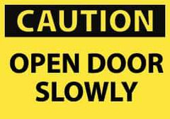 NMC - Caution - Open Door Slowly, Pressure Sensitive Vinyl Fire and Exit Sign - 5" Wide x 3" High - Apex Tool & Supply