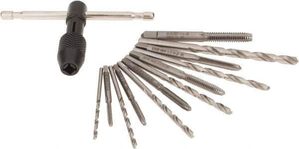 Irwin - #29 Drill, #43 Wire #7 Wire, #4-40 to 1/4-20 Tap, Hand Tap and Drill Set - Oxide Finish High Speed Steel Drills, Bright Finish Carbon Steel Taps, Plug Chamfer, 13 Piece Set, Includes T-Handle Tap Wrench - Exact Industrial Supply