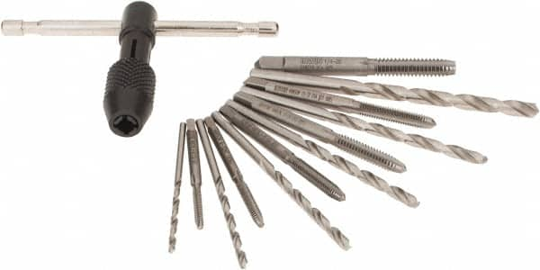 #29 Drill, #43 Wire #7 Wire, #4-40 to 1/4-20 Tap, Hand Tap and Drill Set Oxide Finish High Speed Steel Drills, Bright Finish Carbon Steel Taps, Plug Chamfer, 13 Piece Set, Includes T-Handle Tap Wrench