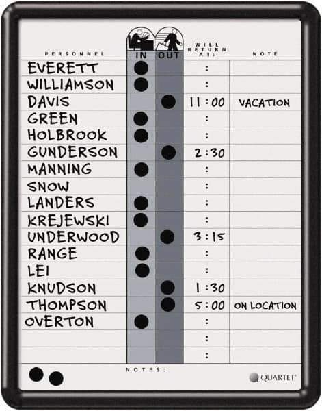 Quartet - 14" High x 11" Wide Magnetic Dry Erase In/Out - Porcelain, Includes Water-Soluble Ink Marker, Magnetic In/Out Circles, Magnetic Name Strips, Self-Stick Vinyl Letters & Wet-Erase Magnetic Remark Strips - Apex Tool & Supply