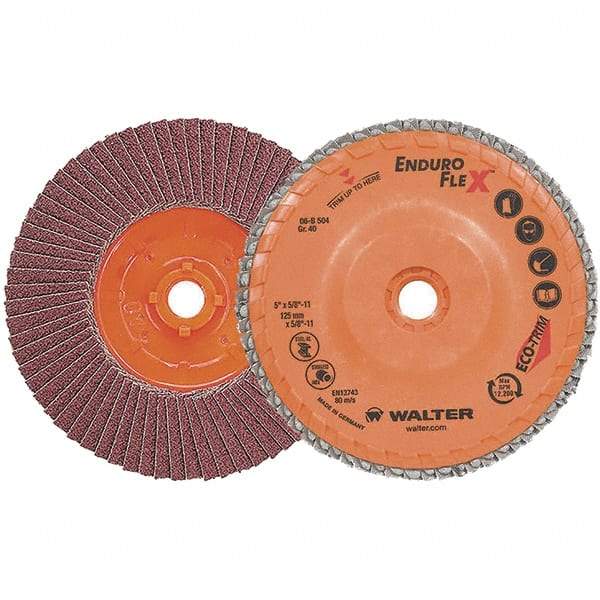 WALTER Surface Technologies - 40 Grit, 5" Disc Diam, 5/8-11 Center Hole, Zirconia Alumina Flap Disc - 13,300 Max RPM, Plastic Backing, Arbor Attaching System, Coated - Apex Tool & Supply