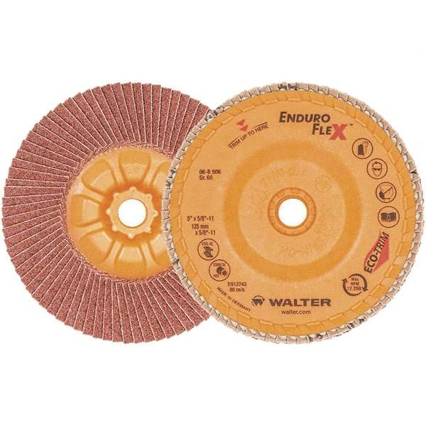 WALTER Surface Technologies - 60 Grit, 5" Disc Diam, 5/8-11 Center Hole, Zirconia Alumina Flap Disc - 13,300 Max RPM, Plastic Backing, Arbor Attaching System, Coated - Apex Tool & Supply