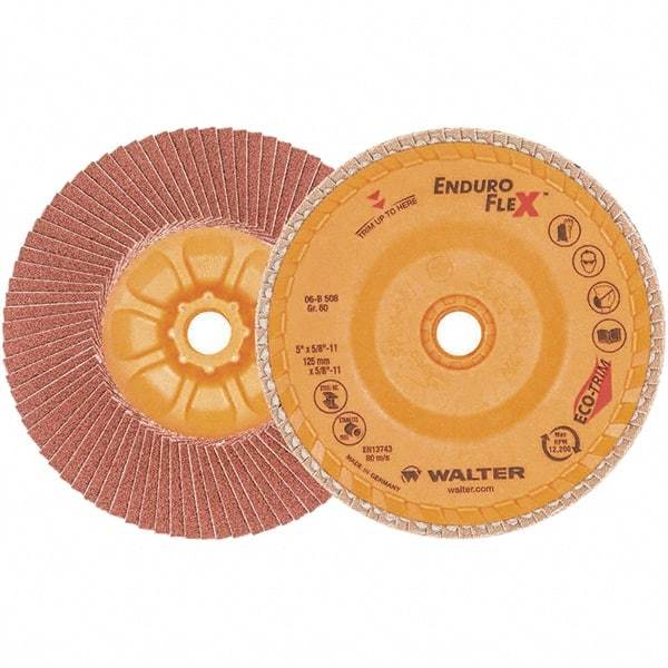 WALTER Surface Technologies - 80 Grit, 5" Disc Diam, 5/8-11 Center Hole, Zirconia Alumina Flap Disc - 13,300 Max RPM, Plastic Backing, Arbor Attaching System, Coated - Apex Tool & Supply