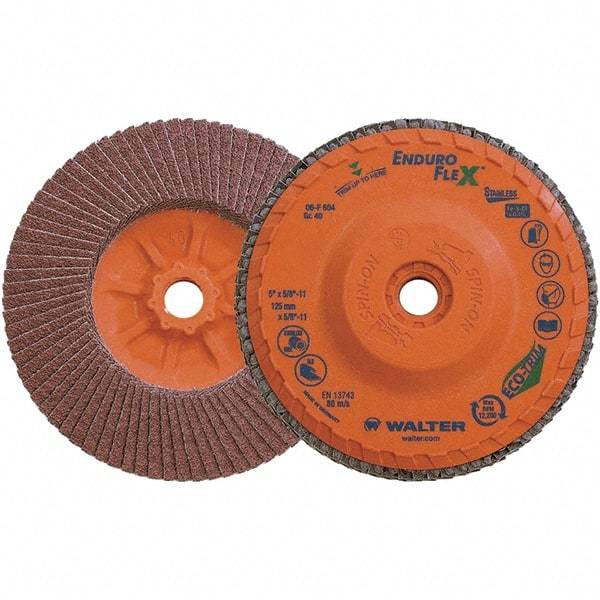 WALTER Surface Technologies - 40 Grit, 5" Disc Diam, 5/8-11 Center Hole, Zirconia Alumina Flap Disc - 8,600 Max RPM, Plastic Backing, Arbor Attaching System, Coated - Apex Tool & Supply
