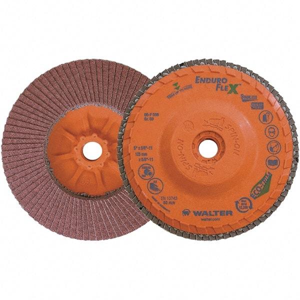 WALTER Surface Technologies - 60 Grit, 5" Disc Diam, 5/8-11 Center Hole, Zirconia Alumina Flap Disc - 8,600 Max RPM, Plastic Backing, Arbor Attaching System, Coated - Apex Tool & Supply