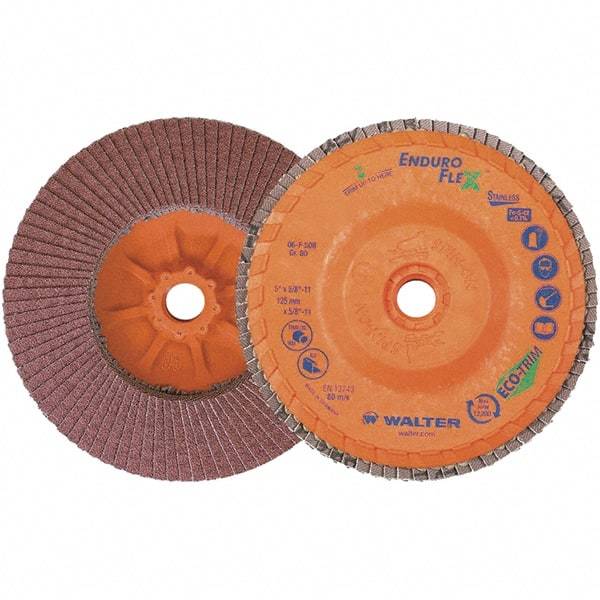 WALTER Surface Technologies - 80 Grit, 5" Disc Diam, 5/8-11 Center Hole, Zirconia Alumina Flap Disc - 8,600 Max RPM, Plastic Backing, Arbor Attaching System, Coated - Apex Tool & Supply