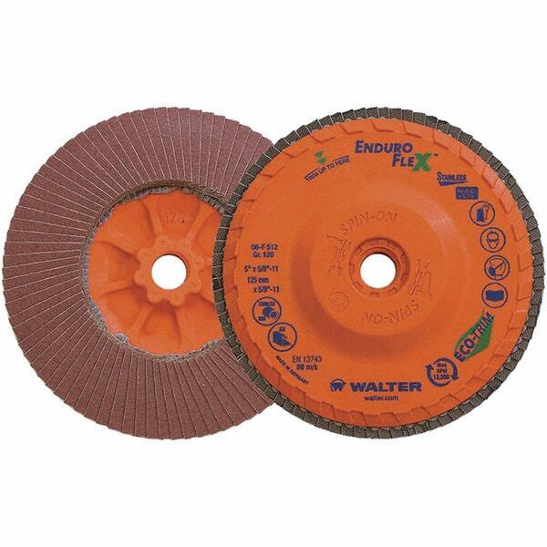 WALTER Surface Technologies - 120 Grit, 5" Disc Diam, 5/8-11 Center Hole, Zirconia Alumina Flap Disc - 8,600 Max RPM, Plastic Backing, Arbor Attaching System, Coated - Apex Tool & Supply