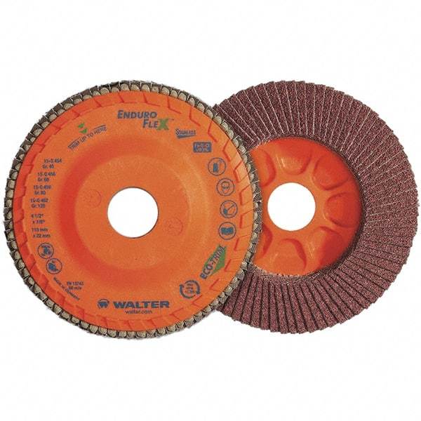 WALTER Surface Technologies - 80 Grit, 4-1/2" Disc Diam, 7/8" Center Hole, Zirconia Alumina Flap Disc - 13,300 Max RPM, Plastic Backing, Arbor Attaching System, Coated - Apex Tool & Supply