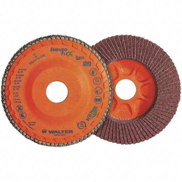 WALTER Surface Technologies - 120 Grit, 4-1/2" Disc Diam, 7/8" Center Hole, Zirconia Alumina Flap Disc - 13,300 Max RPM, Plastic Backing, Arbor Attaching System, Coated - Apex Tool & Supply