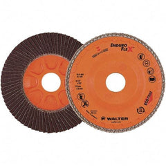 WALTER Surface Technologies - 120 Grit, 4-1/2" Disc Diam, 7/8" Center Hole, Zirconia Alumina Flap Disc - 13,300 Max RPM, Plastic Backing, Arbor Attaching System, Coated - Apex Tool & Supply
