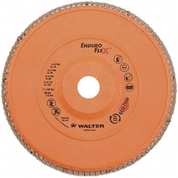 WALTER Surface Technologies - 120 Grit, 7" Disc Diam, 7/8" Center Hole, Zirconia Alumina Flap Disc - 8,600 Max RPM, Plastic Backing, Arbor Attaching System, Coated - Apex Tool & Supply