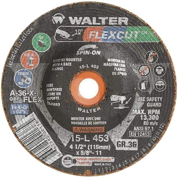 WALTER Surface Technologies - 4-1/2" Diam x 5/8" Hole, 36 Grit Surface Grinding Wheel - Aluminum Oxide, Very Coarse Grade, 13,300 Max RPM - Apex Tool & Supply