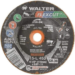 WALTER Surface Technologies - 4-1/2" Diam x 5/8" Hole, 36 Grit Surface Grinding Wheel - Aluminum Oxide, Very Coarse Grade, 13,300 Max RPM - Apex Tool & Supply